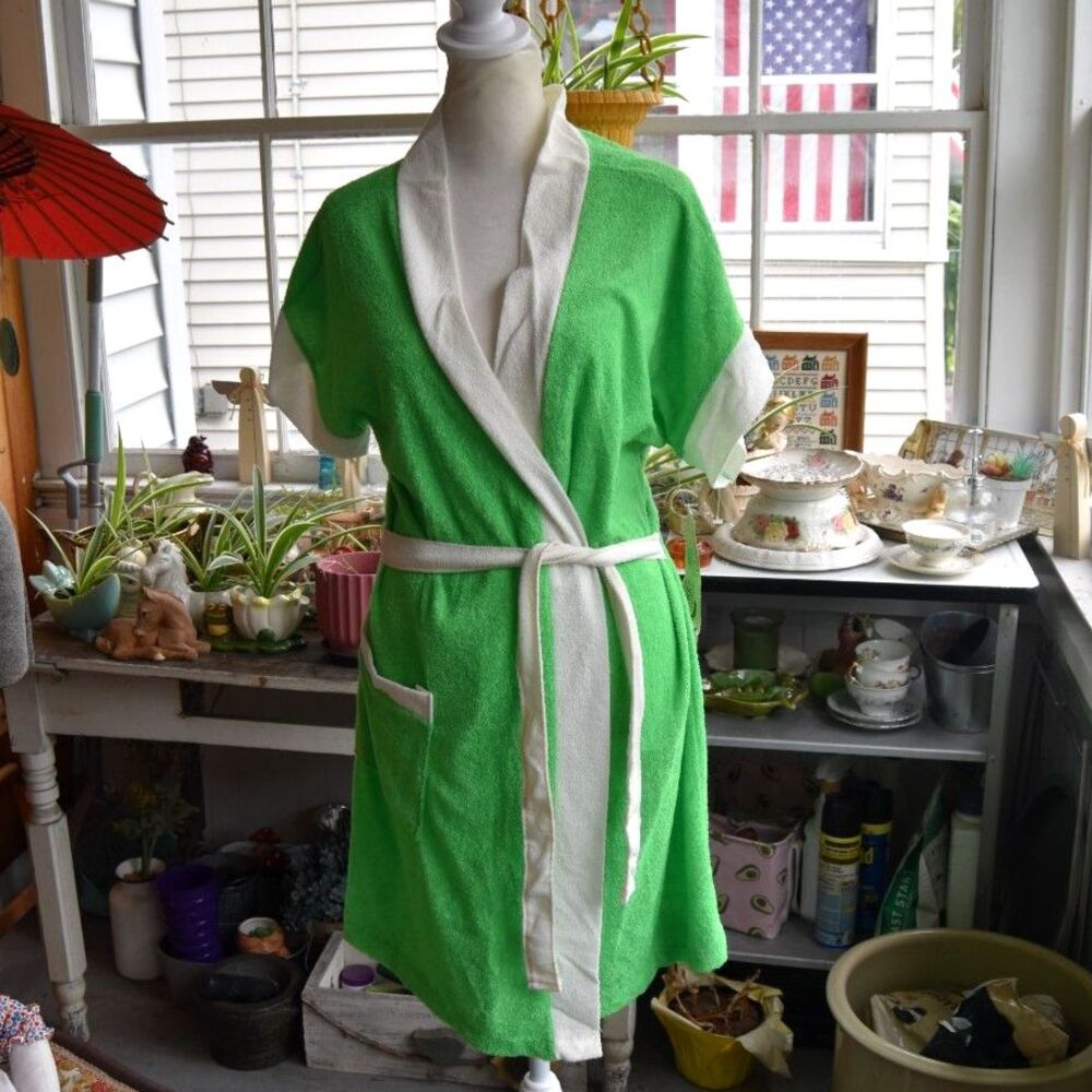 Vintage 1960s Green Terry Cloth Wrap Robe Belted Deadstock L XL Pool Coverup